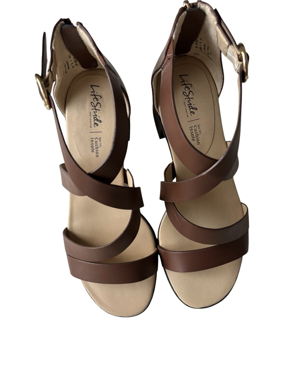 Life Stride Brown Strappy Block Heel Sandals with Gold Buckle 8 1/2 W - Picture 5 of 14
